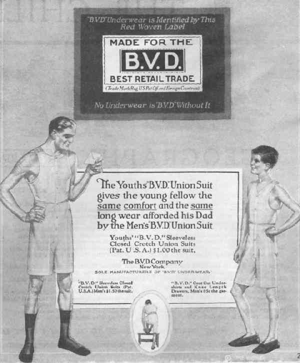 American advertisements with boys clothes -- 1922 : BVD union suits