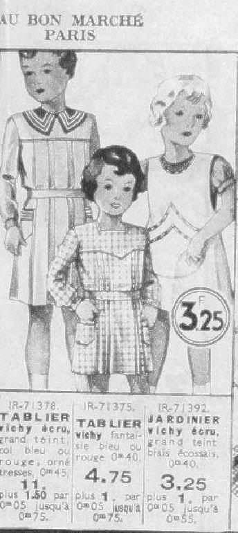 French 1935 mail order catalogs and clothing advertisments with boys clothes  -- Au Bon Marché smocks tablier